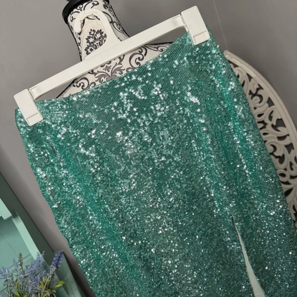 Top Shop Sequin Midi Skirt Size 6 NWT Turquoise Aqua Cocktail Party Boho Glam - Picture 3 of 13